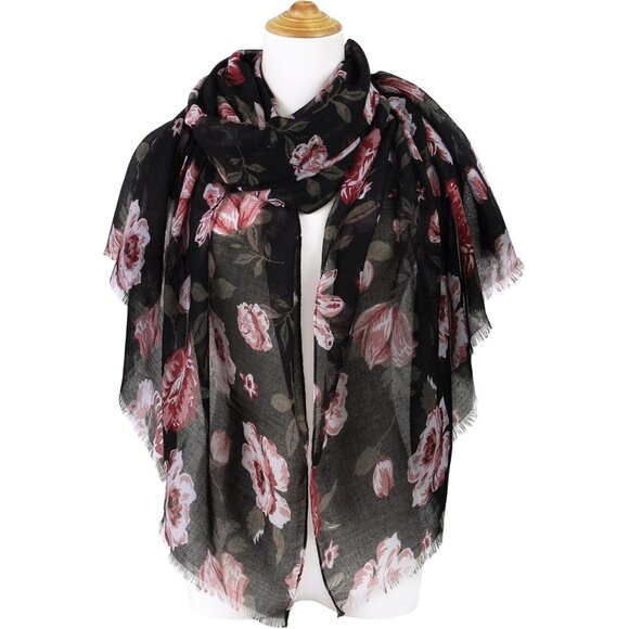 Women Black Fashion Flowers Print Scarves Winter Head Shawl Cotton Wrap - Picture 2 of 9